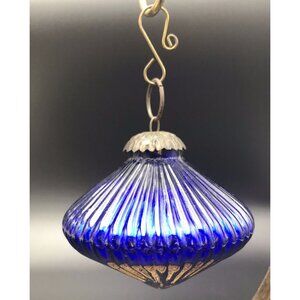 Antique Vintage Cobalt Blue Ribbed Glass Kugel Metal Cap Christmas Ball Ornament